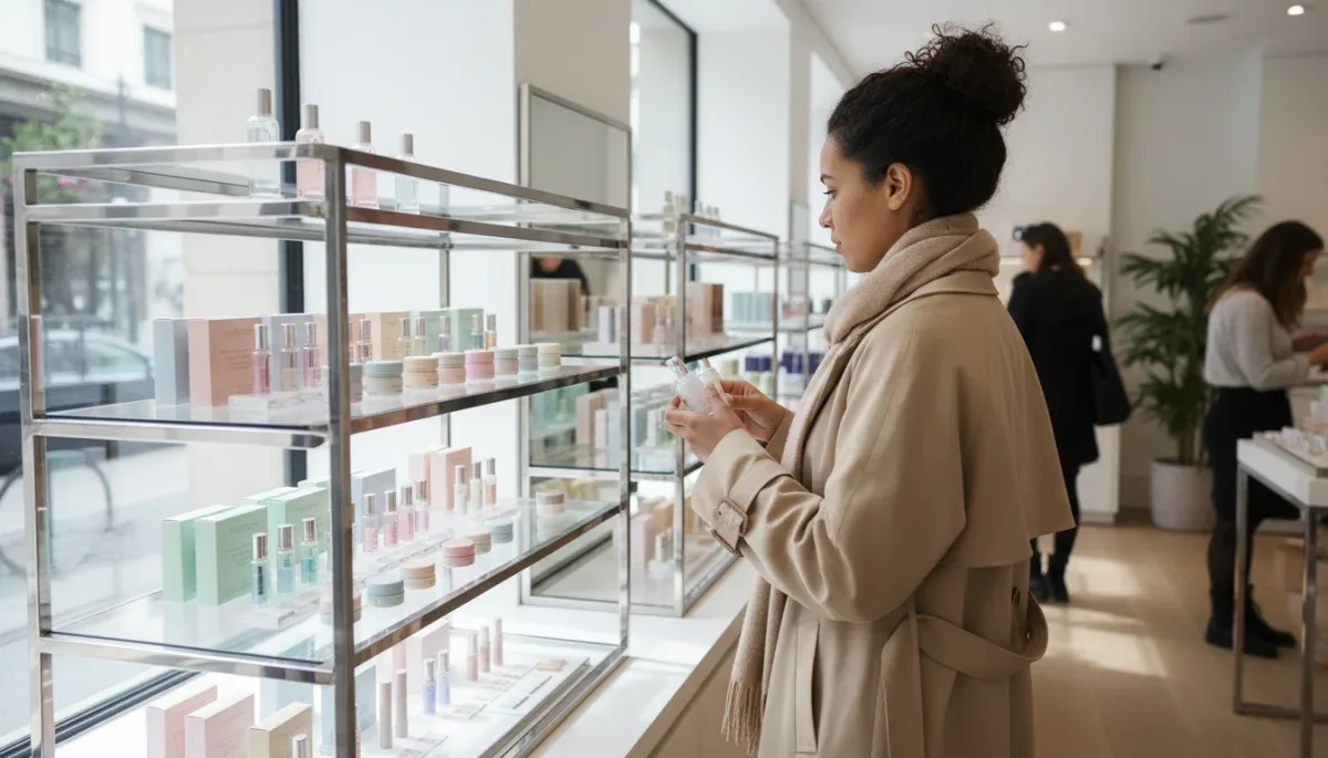 Shopper viewing cosmetic sample rewards in a retail beauty store