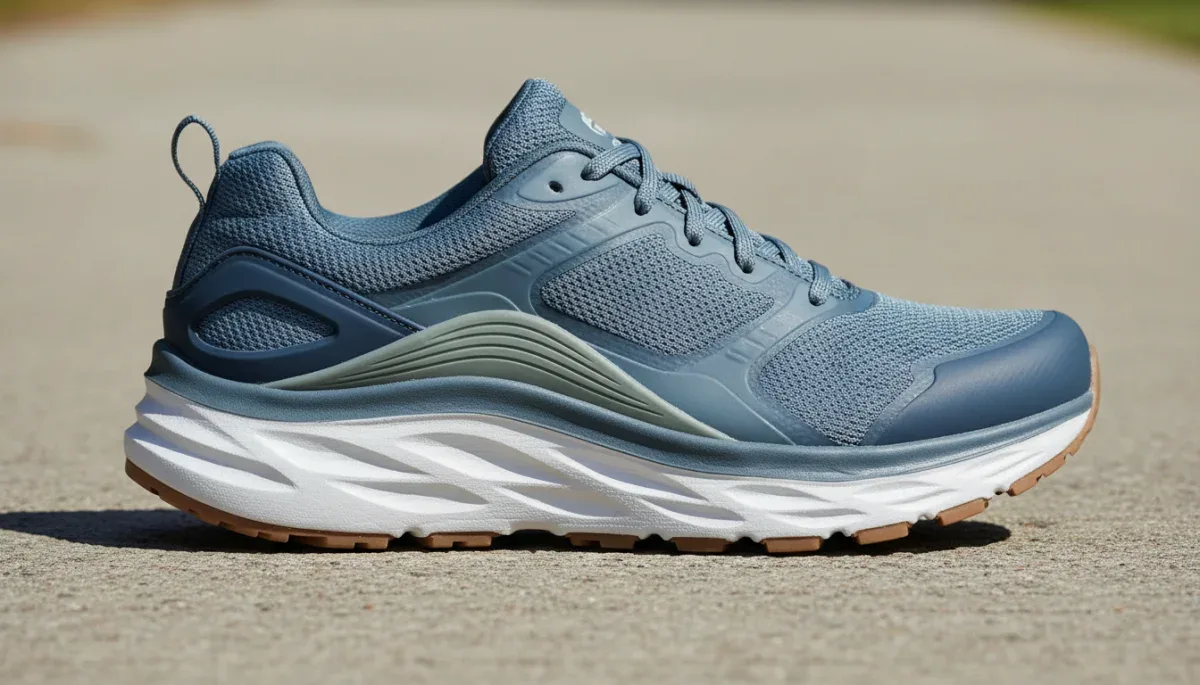 Detailed side profile of a walking shoe showing structured medial support and midsole cushioning.