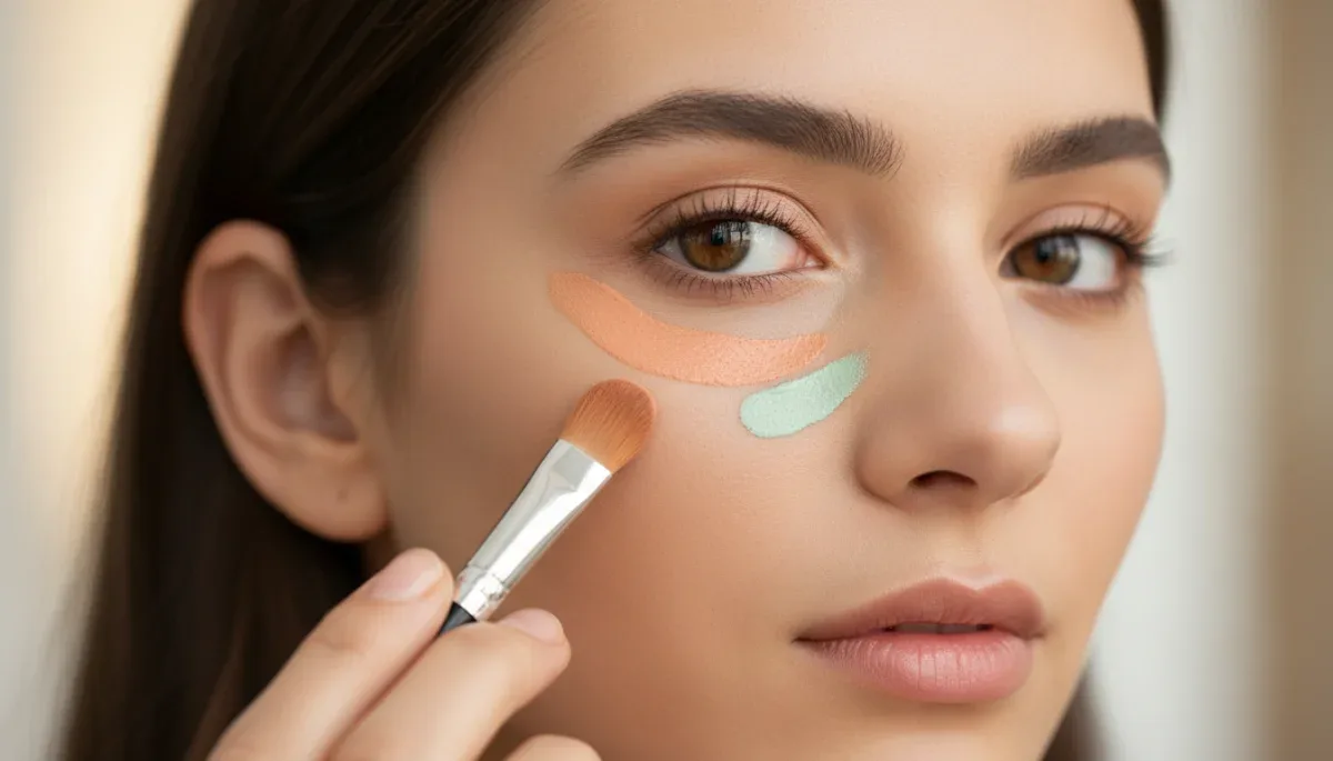 Application of peach and green color corrector makeup on targeted facial zones