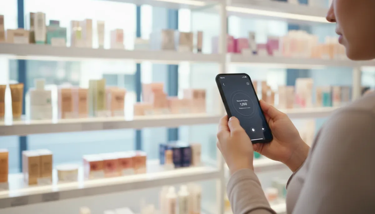 Shopper checking beauty store rewards points on a mobile phone in a cosmetics aisle.