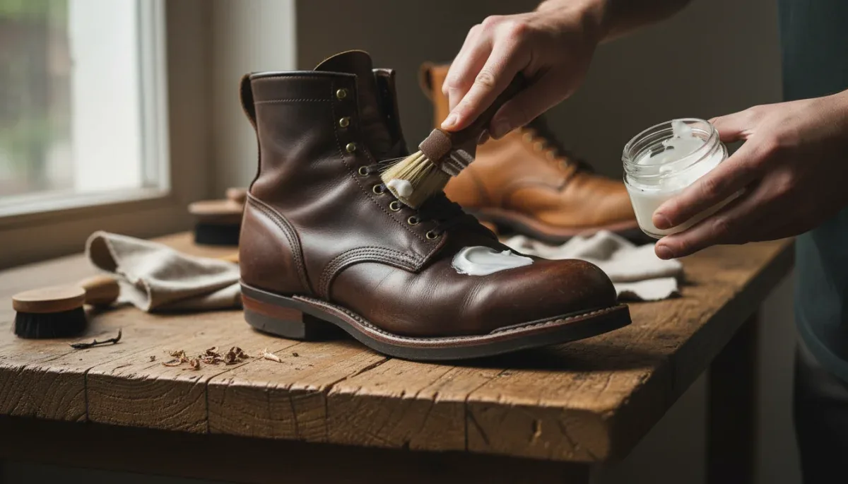 Shoe care tools and conditioner applied to a full grain leather boot