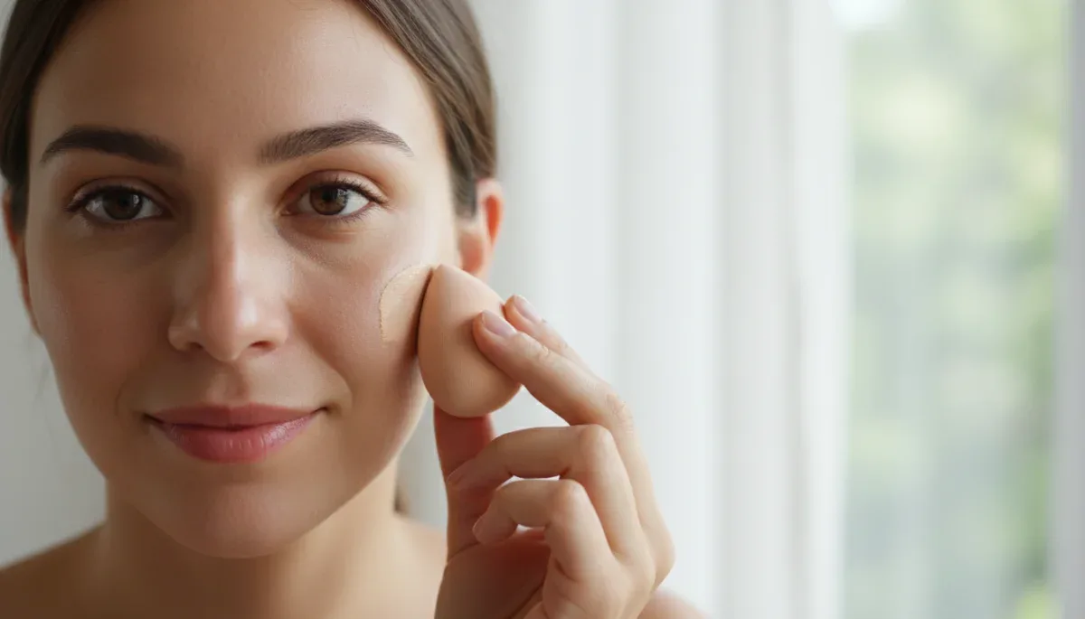 Close-up of foundation application with a soft makeup sponge on dry sensitive facial skin.