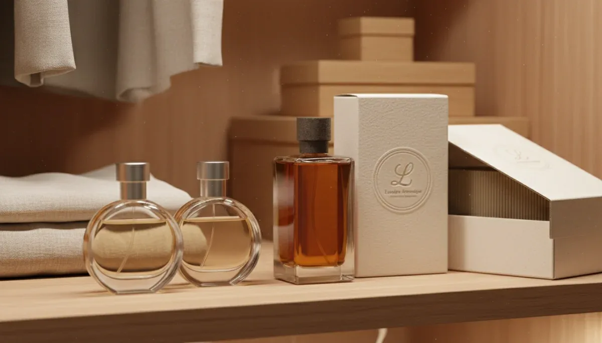 Perfume bottles in clear and amber glass standing upright inside a dark, climate-controlled closet shelf.