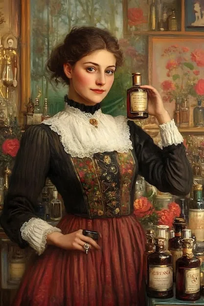 An oil painting depicting a German noblewoman from the Renaissance era, elegantly dressed and holding a delicately crafted perfume bottle.
