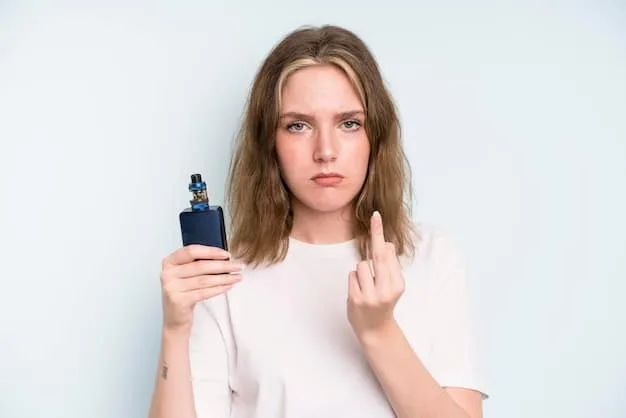 A person holding a perfume bottle away from their face, with a concerned expression, indicating they are wary of having an allergic reaction. The background is a shelf filled with various perfume bottles.
