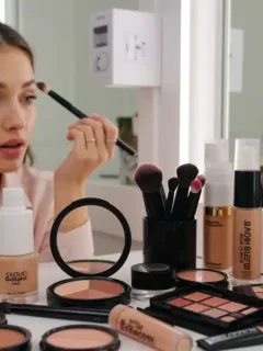 Woman applying eye makeup with a brush, surrounded by diverse cosmetic products on a clean vanity, symbolizing smart budget management.