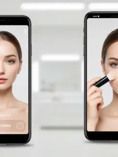 Woman trying virtual makeup on smartphone with AI app