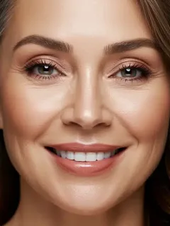 Radiant mature woman showcasing a beautifully applied 4-step makeup routine for glowing skin.