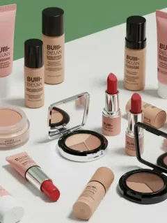 Diverse vegan makeup products, eco-friendly packaging