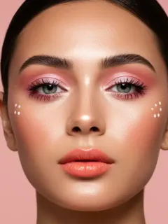 Model showcasing a fresh and radiant Spring 2026 makeup look with pastel colors and dewy skin.