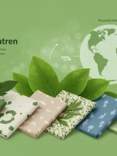 Sustainable fabrics guide illustration with organic cotton, hemp, and recycled materials