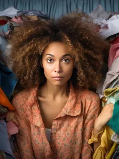 woman aroud fast fashion clothes.