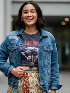 Stylish woman showcasing upcycled apparel in an urban setting, representing 2026 fashion trends.