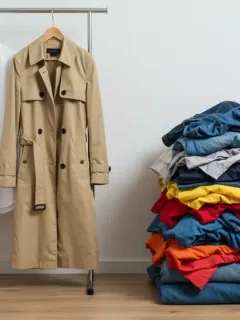 Four high-quality clothing items symbolizing investing in quality basics outlasting ten cheaper alternatives by 2026.