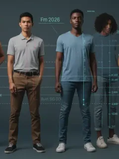 Diverse individuals confidently showcasing perfect fit clothing against a modern, digital backdrop, representing 2026 apparel sizing standards.