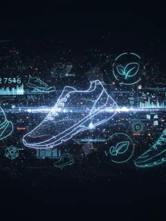 Futuristic shoe market trends with symbols of durability, sustainability, and technology.