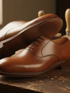 Freshly resoled leather shoes on a workbench, symbolizing footwear longevity