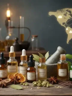 Natural perfume ingredients and essential oils representing global sourcing complexities