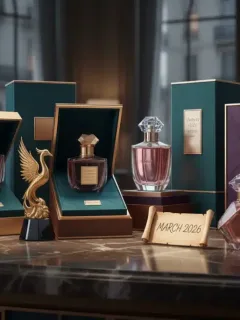 Collection of luxurious limited edition perfume bottles on a elegant display.