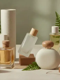 Collection of sustainable fragrance bottles with natural elements, highlighting eco-friendly perfume choices.