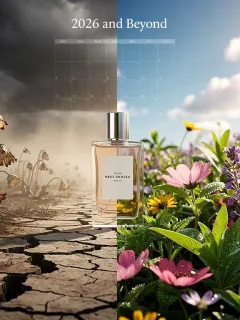 Impact of climate change on perfume ingredients, showing wilting and thriving botanicals