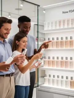 Consumers examining clean beauty makeup products with clear labels under new FDA regulations.