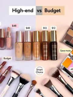Flat lay of diverse makeup products, showcasing high-end and affordable options for budget-conscious beauty.