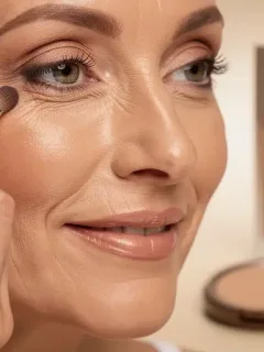 Woman applying anti-aging makeup to reduce fine lines, showcasing smooth skin.