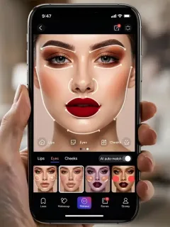 Woman trying on virtual makeup with an AI app on a smartphone, displaying realistic augmented reality effects.