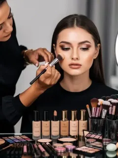 Professional makeup artist applying foundation to a model's face, surrounded by premium beauty products.