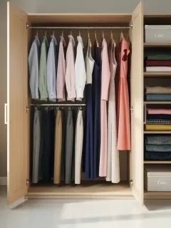 Organized wardrobe with well-maintained clothes, symbolizing garment longevity