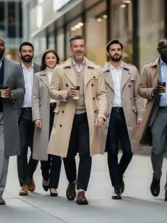 People wearing durable, high-quality clothing in a modern city scene