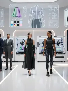 Futuristic fashion studio with digital design screens and personalized apparel creation