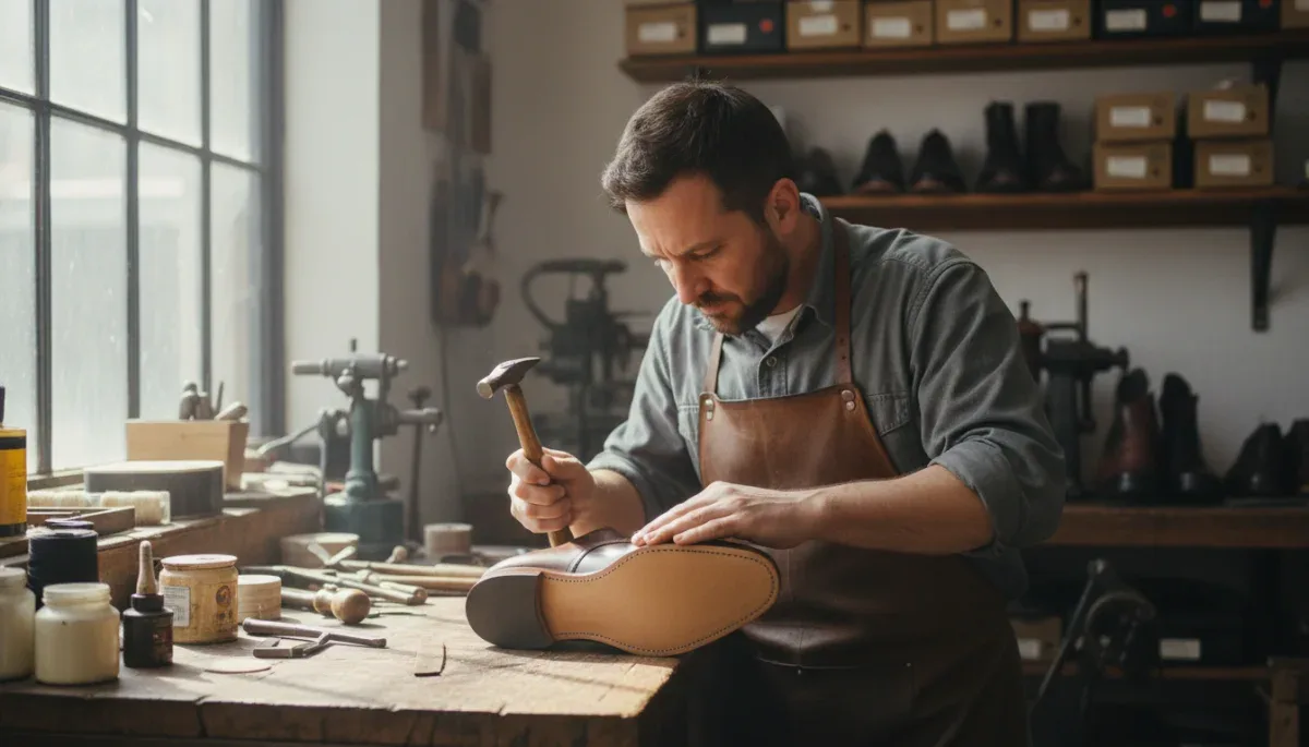 Shoemaker resoling a Goodyear welted leather shoe at a traditional workbench.