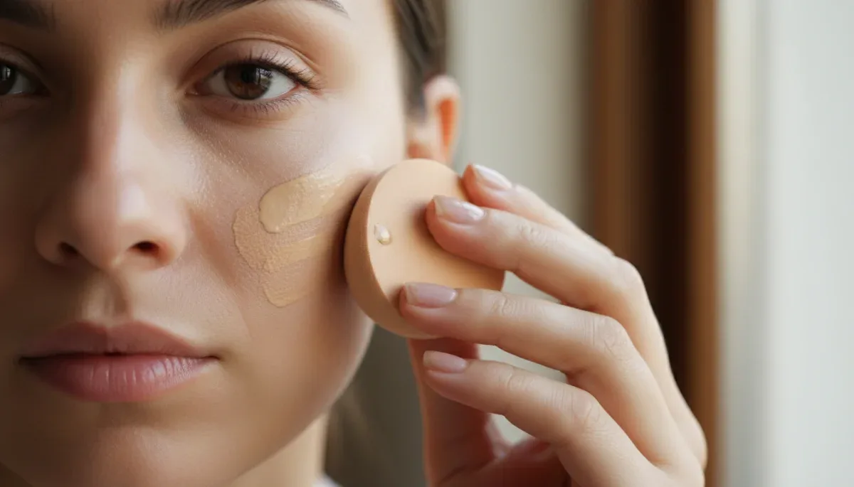 Person applying liquid foundation with a makeup sponge over prepped skin.