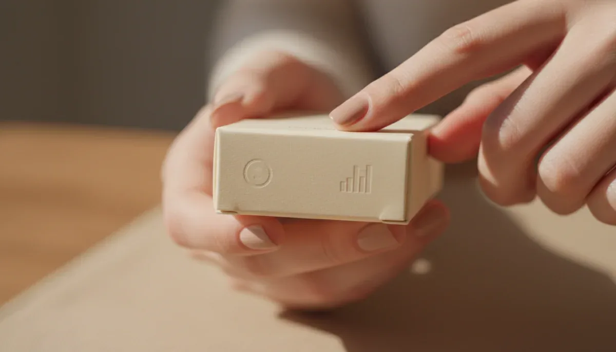Close-up of hands inspecting product details and batch code on a fragrance box.