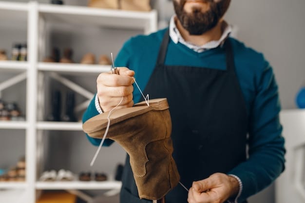 A shoemaker in a small workshop in Germany, carefully stitching a sustainable shoe by hand. The workshop is filled with natural light, showcasing the artisan's dedication and the meticulous crafting process.
