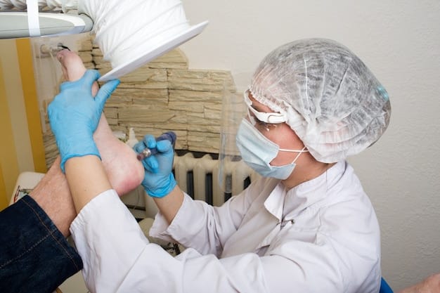 A podiatrist examining a patient's foot, highlighting the professional assessment involved in recommending shoe inserts for plantar fasciitis. The podiatrist is pointing to the arch of the foot, emphasizing the importance of arch support..