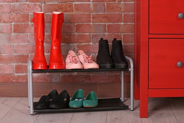 A close-up of a space-saving shoe organizer in a small German entryway. The organizer is made of sleek metal and has multiple tiers to hold several pairs of shoes. The focus is on the innovative design that maximizes space while maintaining a clean and modern look.