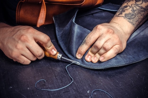 A close-up shot of a skilled cobbler's hands meticulously stitching a leather shoe. The focus is on the precision and expertise involved in the repair process.