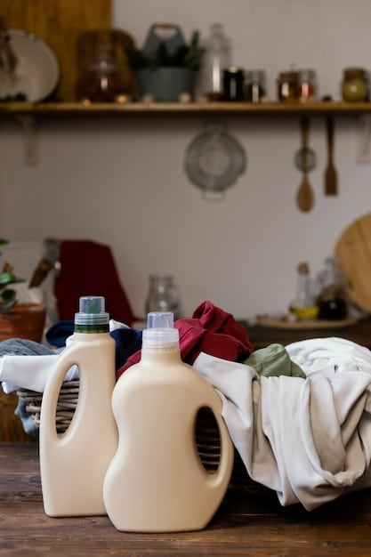A well-organized laundry station in a German home, featuring eco-friendly detergents, laundry bags, a stain remover pen, and a modern ironing board. The space is clean and efficient, with good lighting and ventilation.