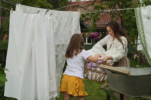 SHEIN clothes being air-dried on a clothesline in a German backyard. The clothes are gently swaying in the breeze, with sunlight highlighting the vibrant colors. The scene emphasizes a sustainable and gentle approach to drying garments.