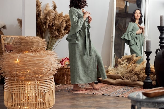 A serene photograph of a sustainable clothing boutique in Germany, showcasing garments made from natural, eco-friendly fabrics. The boutique has minimalist, eco-conscious décor with plants and natural light.