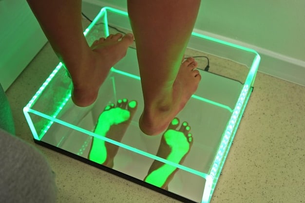 Close-up of a 3D foot scanner accurately capturing the dimensions of a person's foot inside a Nike store. The scanner is sleek and modern, integrated seamlessly into the store's design. Digital readouts display the precise measurements around the foot.