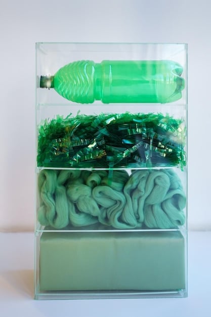 A display of sustainable materials options in a Nike customization studio in Germany. Recycled plastic bottles are showcased alongside repurposed textiles and innovative bio-based materials. Text labels highlight the eco-friendly benefits of each material.