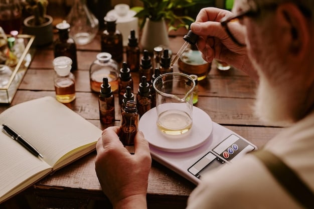 A perfumer carefully measuring ingredients in a German perfume laboratory, surrounded by beakers, scales, and various aromatic compounds. The focus is on the precision and attention to detail in the blending process.