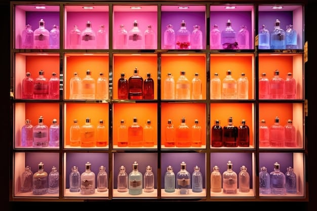 Perfume bottles stored inside individual protective boxes, lined up neatly on a shelf in a dark, temperature-controlled room. The boxes are labeled, indicating the perfume name and vintage. The scene exudes a sense of organization and professional care in preserving a valuable perfume collection.