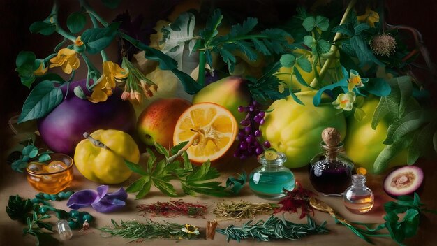 An image illustrating various perfume notes, such as citrus fruits, flowers, woods, and spices, each visually represented to convey their scent profiles.