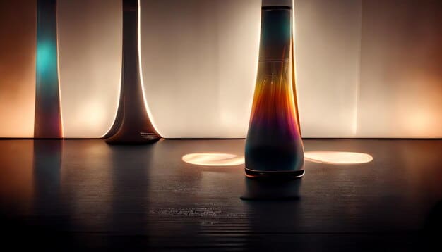 A minimalist display of modern German niche perfumes, featuring sleek bottles with minimalist labels, arranged on a concrete shelf in a Berlin boutique. The background is a blurred view of trendy customers browsing the selection.