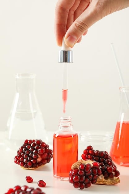 A close-up shot of a perfumer meticulously measuring out different fragrance oils with pipettes in a laboratory setting, with various beakers, bottles, and scientific equipment visible in the background.